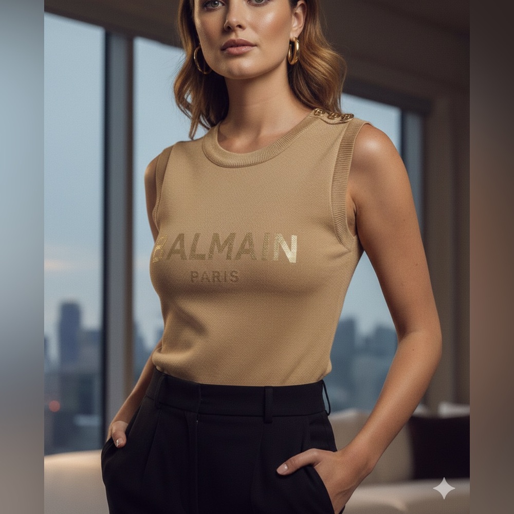 Balmain Women top Tan Tank with Gold Accents